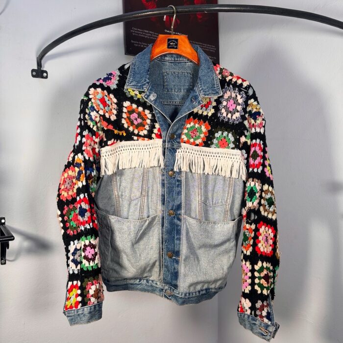 Upcycled denim jacket — flipped inside out and upgraded with crochet details. Size L, Oversize. Unique piece, one of a kind!