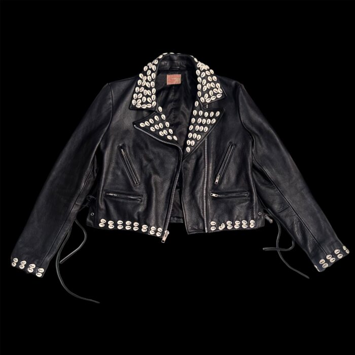 Upcycled leather jacket customized with hand-applied sea shells. Size M — unique and bold piece blending nature and style.