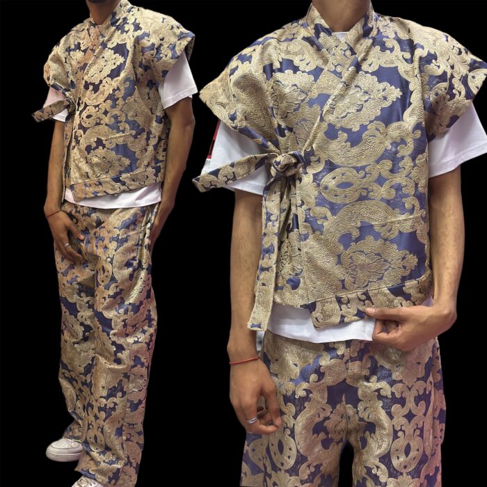 Upcycled set crafted from luxurious embroidered fabric. Kimono-inspired top + wide-leg trousers. Size L — Oversize. One unique piece only.