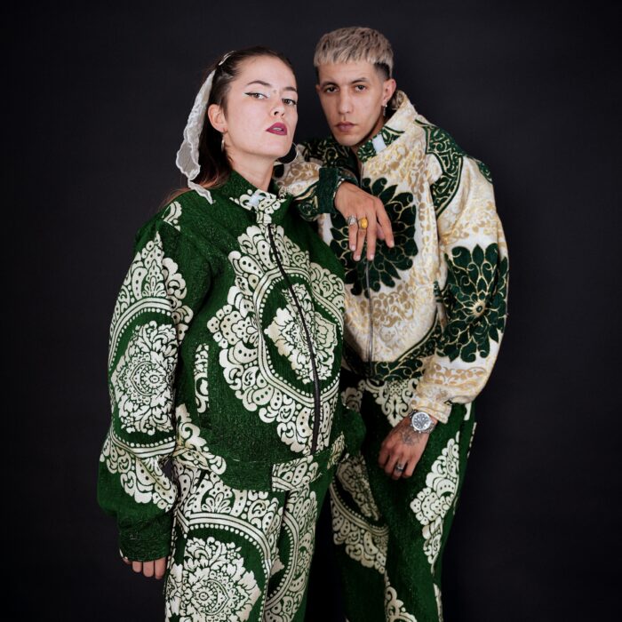Vintage 90’s Moroccan fabrics upcycled into an oversized jacket and pants set — made for shows and performances. Size L. Limited edition.
