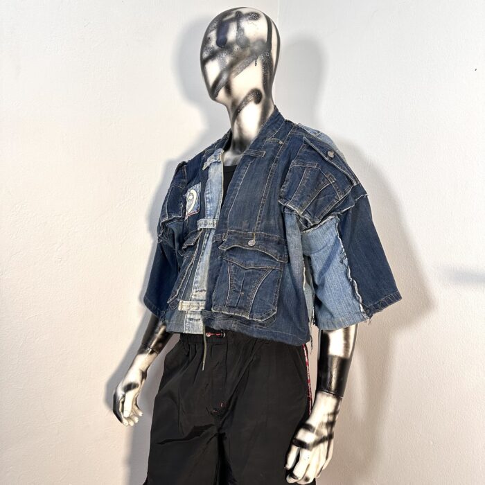 Upcycled denim pants reimagined into an oversized kimono — bold, unique, and one-of-a-kind. Size L. Limited edition.