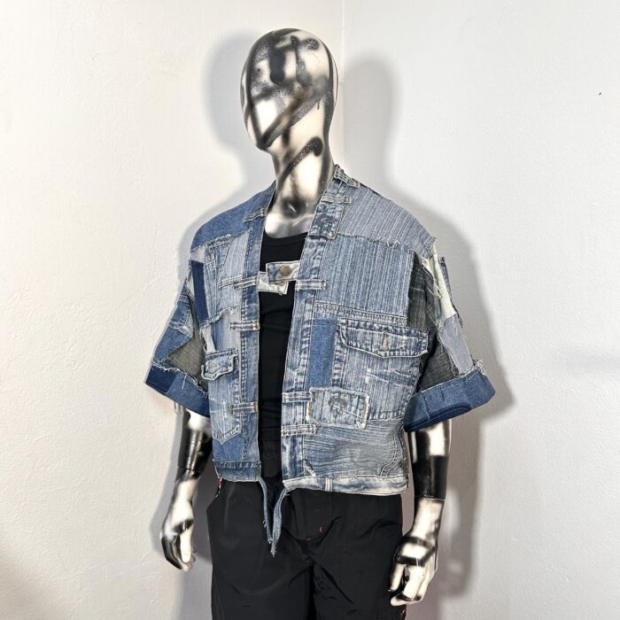 Upcycled denim pants reimagined into an oversized kimono — bold, unique, and one-of-a-kind. Size L. Limited edition.